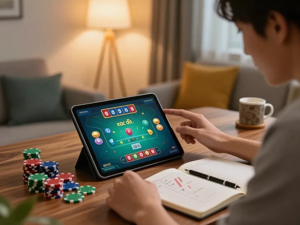 Player engaged in an online xóc đĩa game, surrounded by betting notes and chips.