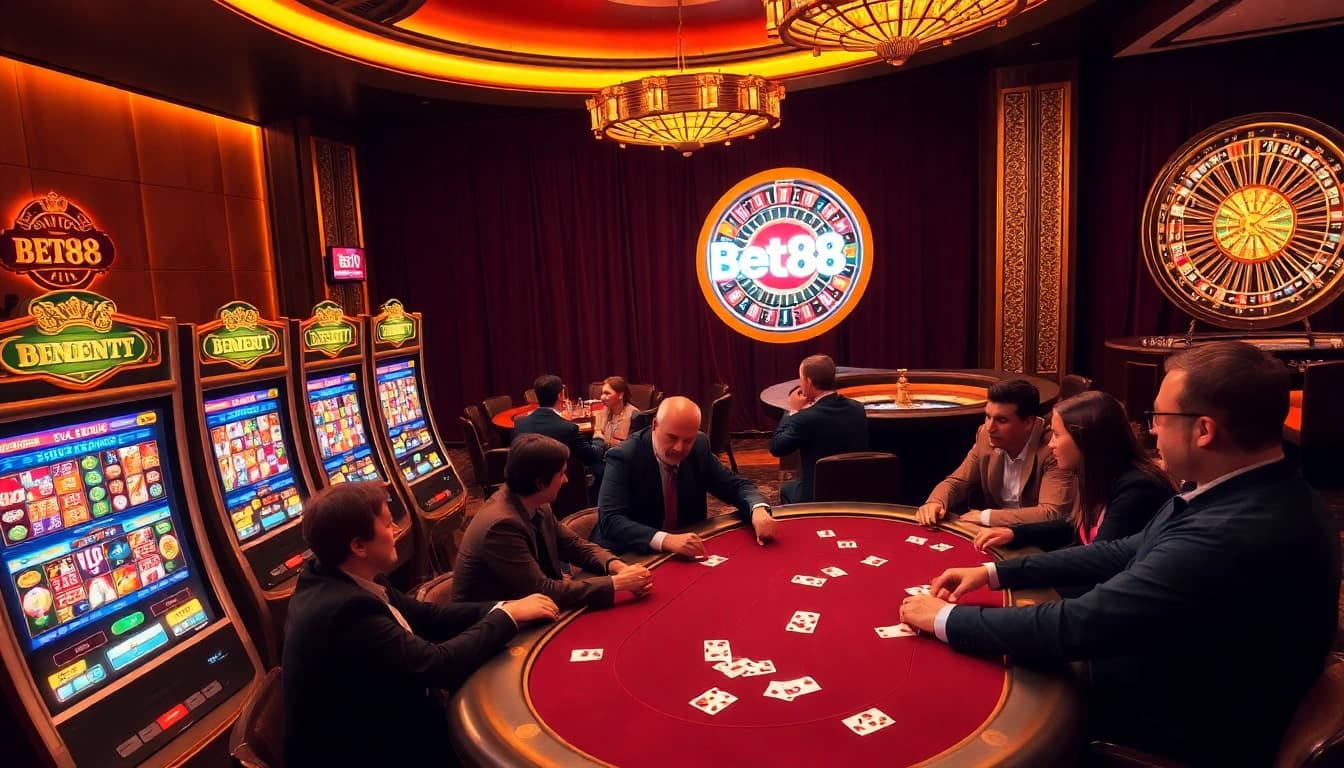 Bet88 players enjoying high-stakes poker in a luxurious casino atmosphere