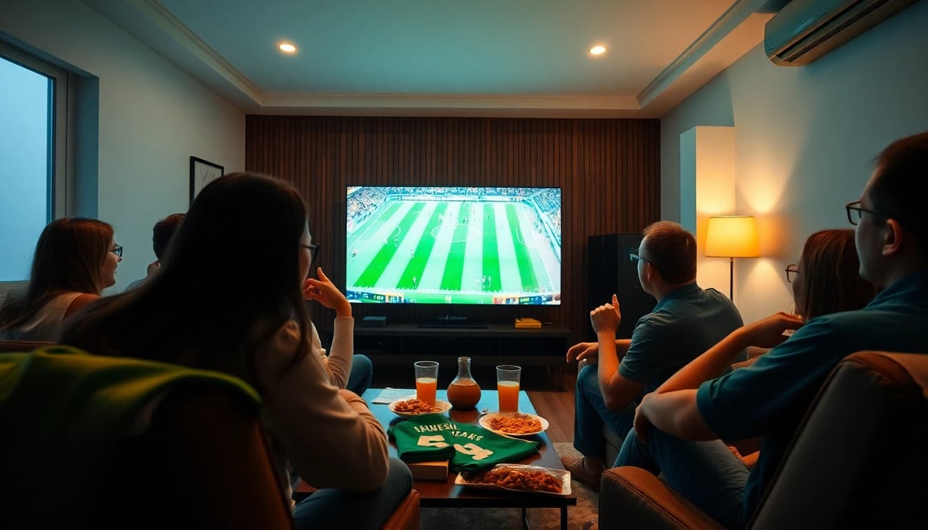 Lively football fans watching a match on lương sơn tv in a cozy living room, full of excitement and camaraderie.