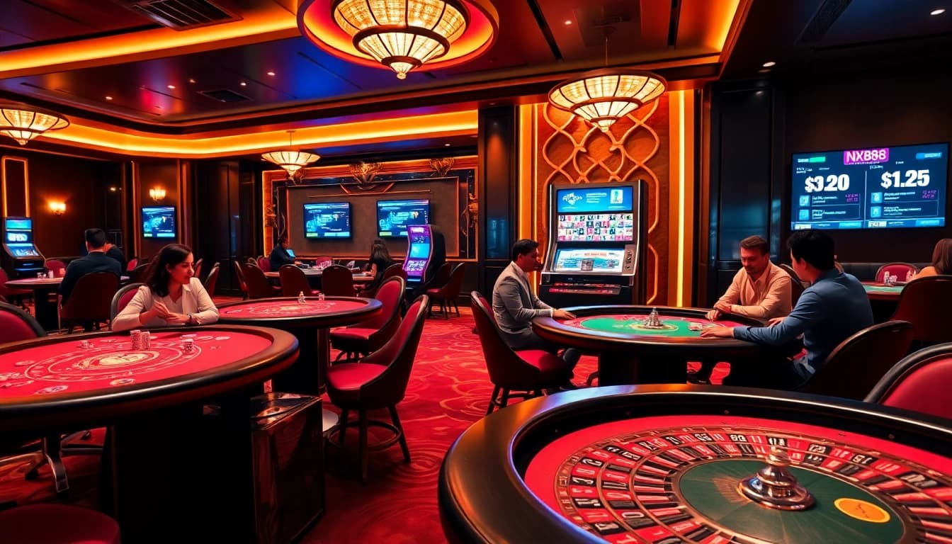 Players enjoying engaging games at NK88's luxurious casino gaming lounge.