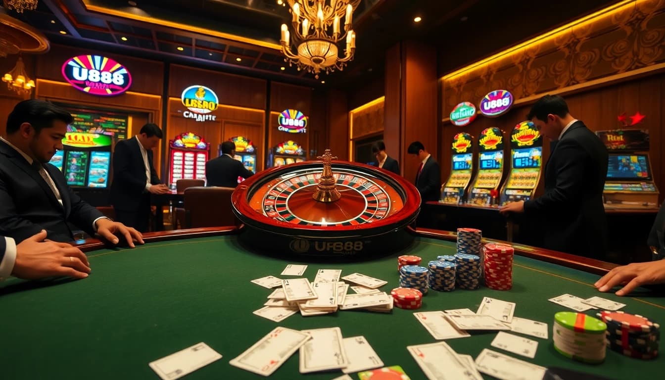 Players engage in thrilling games at U888's luxurious casino, showcasing poker chips and a roulette wheel.