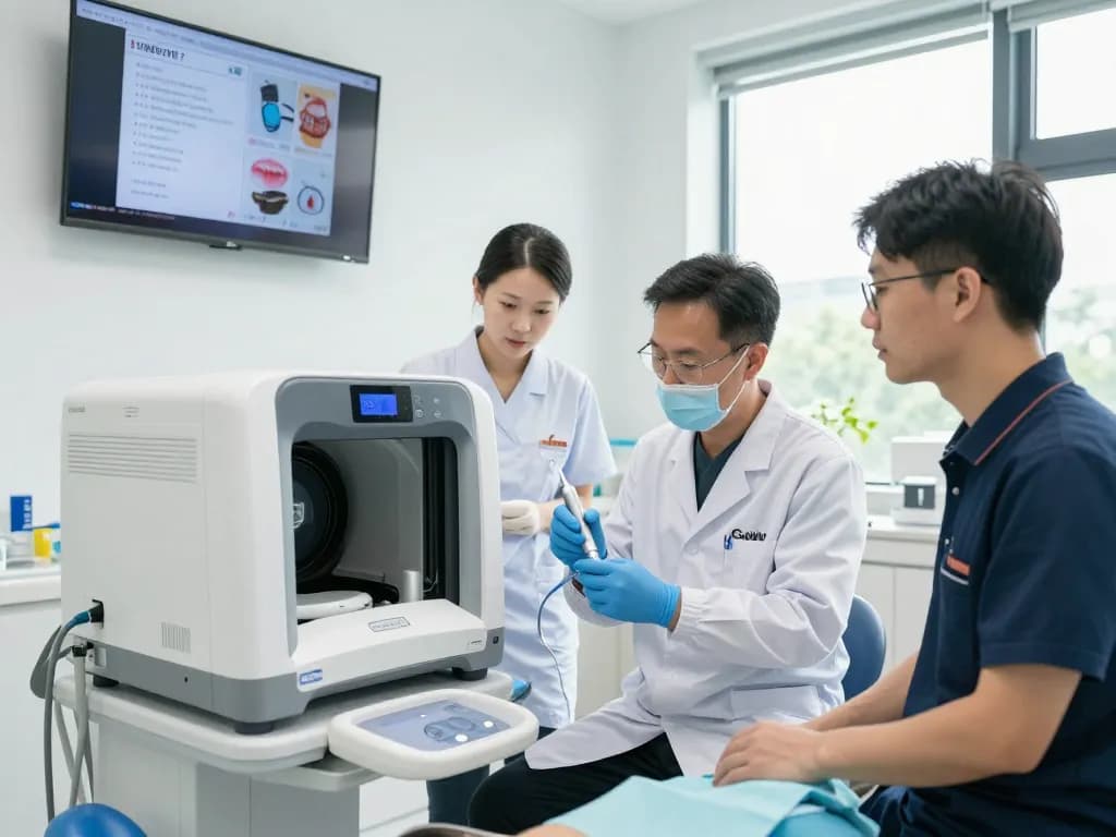 Dental reviews in action with dentist reviewing advanced equipment in modern dental clinic.