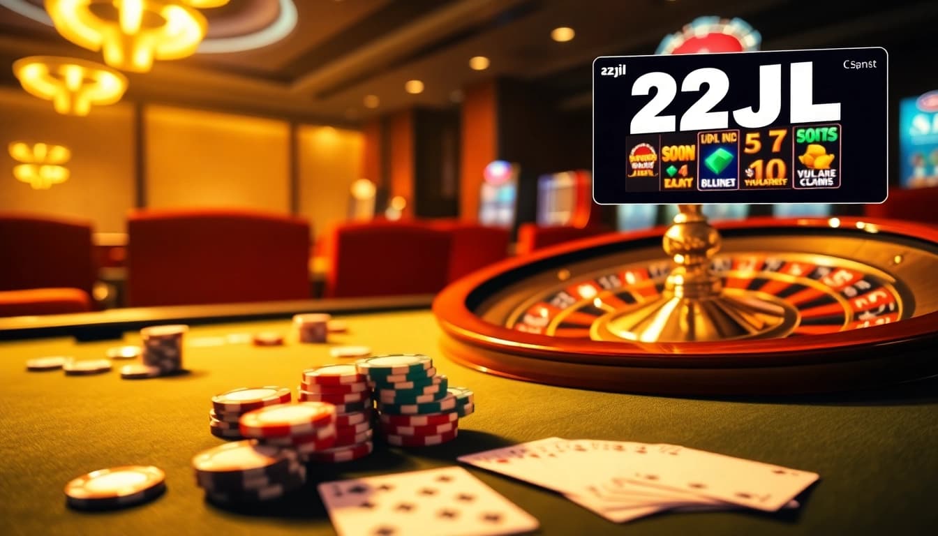 Experience the thrill of gaming at 22JL's luxurious casino table with vibrant poker chips and cards.