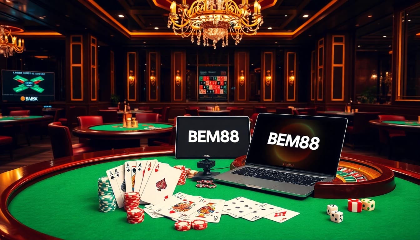 Experience thrilling gaming at BEM88 with vibrant casino tables and poker chips.