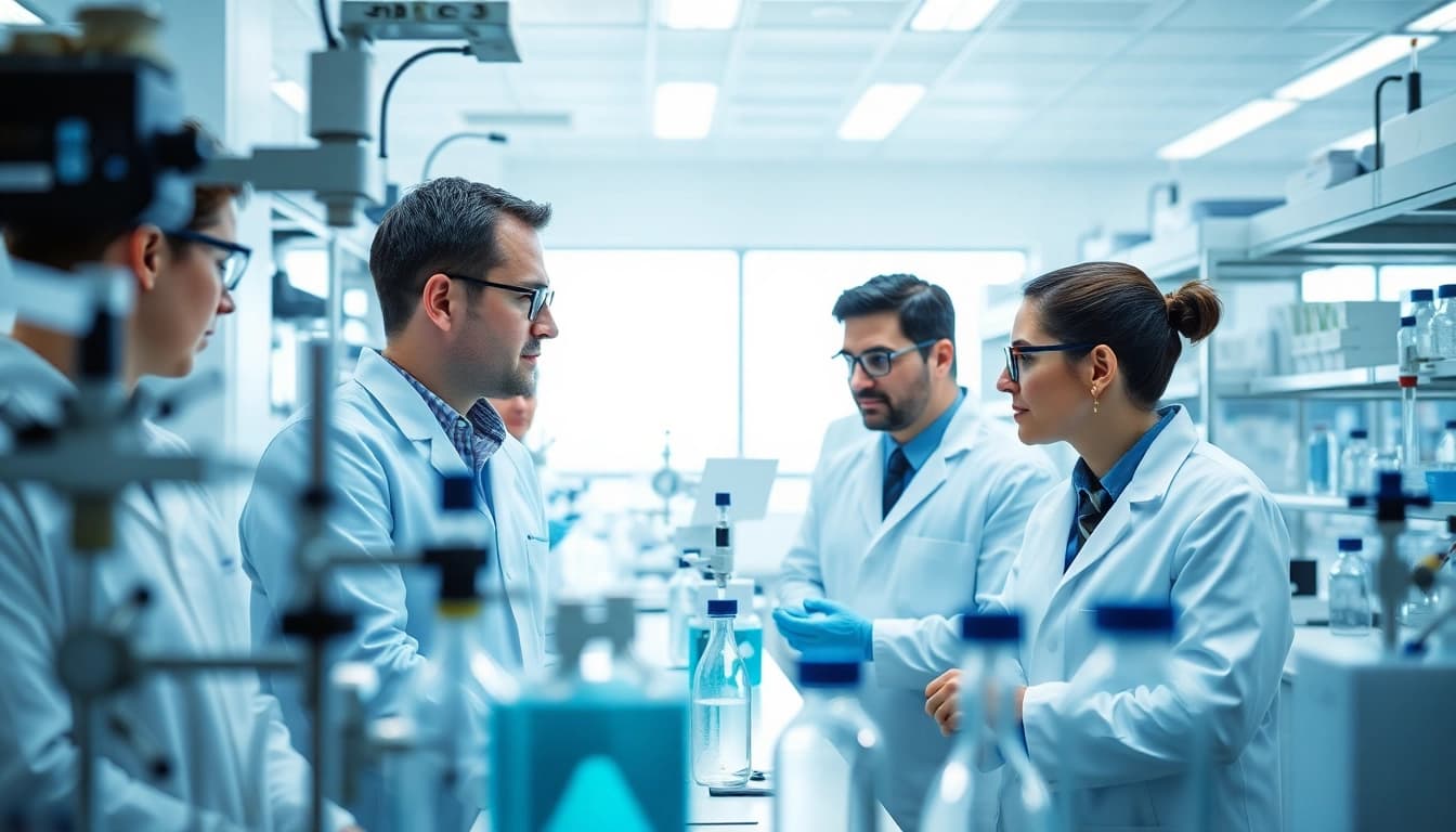 Hydro Research team conducting peptide synthesis research in a professional lab setting.