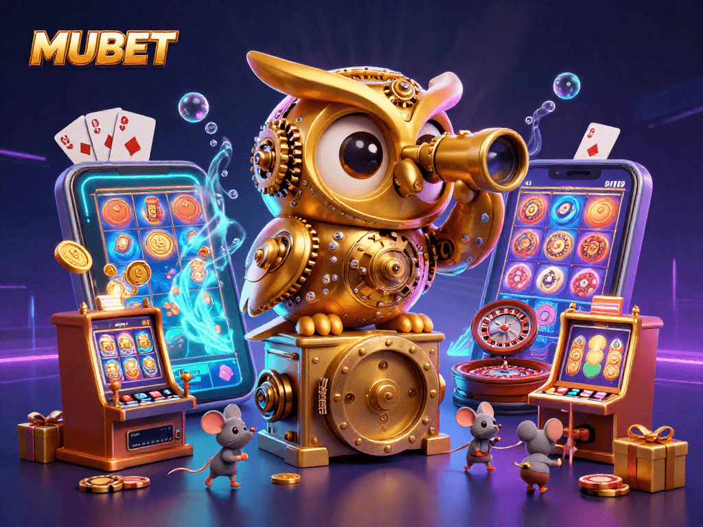 MUBET brings casino fun to life with a dynamic scene of gambling - 3D owl, wind-up mice, and colorful game elements.