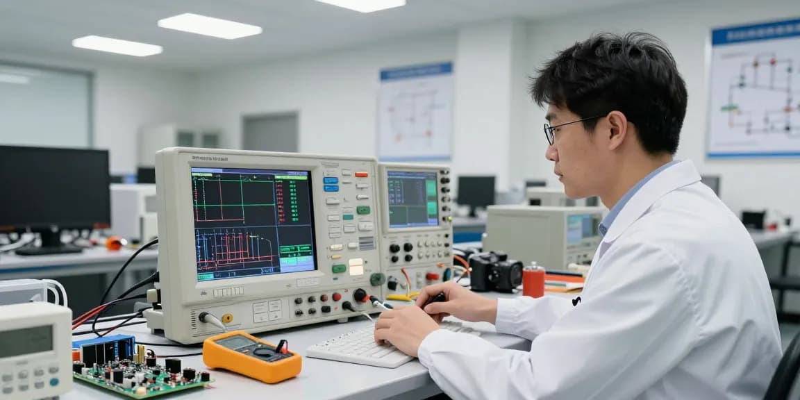 Engineer using a digital oscilloscope to test electrical signals in a professional lab setting with tools and components.