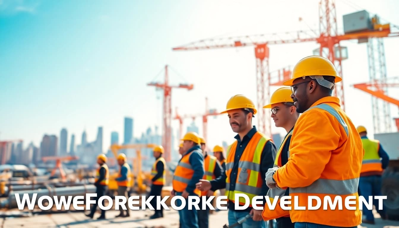 Showcasing construction workforce development, diverse workers collaborate on site amid machinery.
