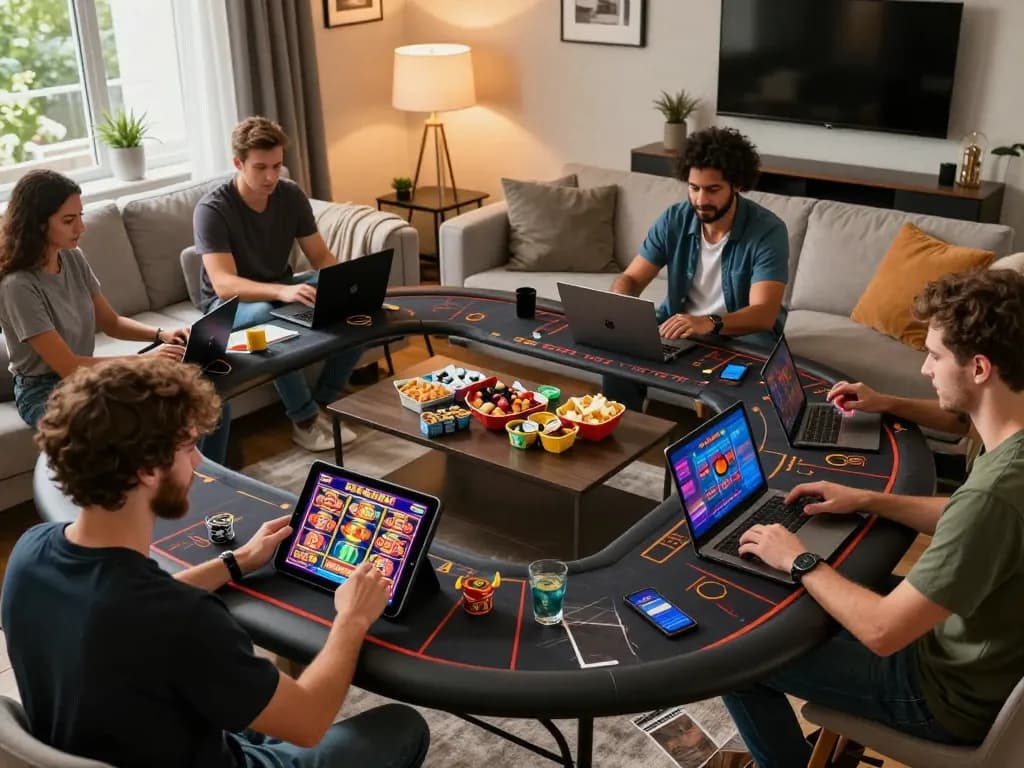 Players enjoying various games on me99 casino app in a cozy living room setting, highlighting online gaming excitement