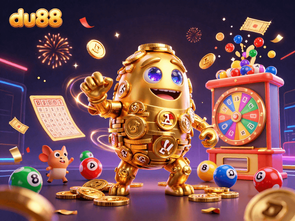Join the luck with du88's vibrant 3D illustration, showcasing a golden golem and dynamic gaming elements.