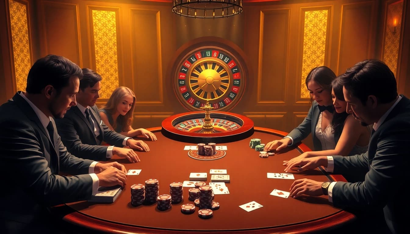 Người chơi tham gia vào một trò chơi hồi hộp tại bàn poker KO66 trong một sòng bạc sang trọng.
