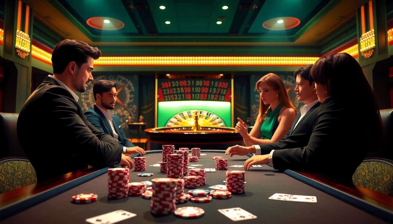 Experience the thrill of 789bets with an elegant casino setting featuring poker tables and roulette wheels.