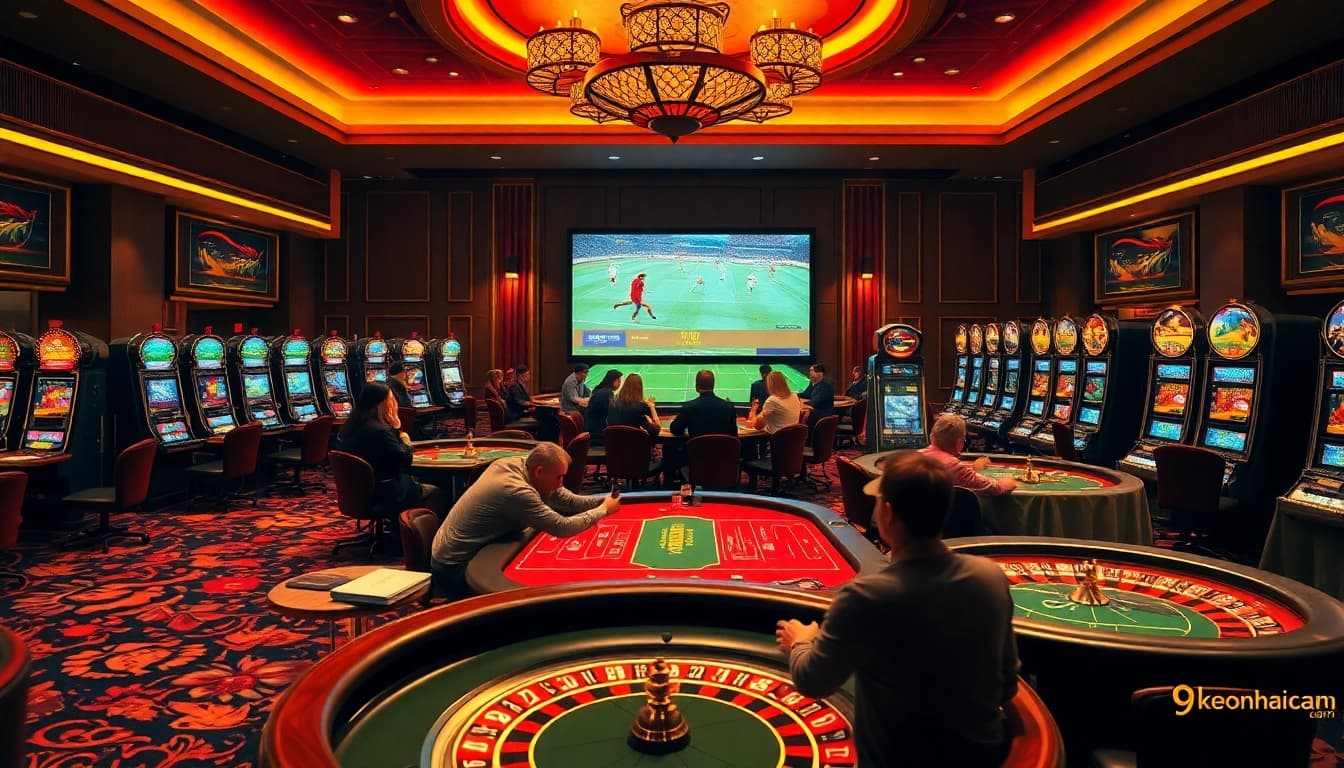 Experience thrilling bets and high-stakes action at 9keonhacai.com within a luxurious casino setting.