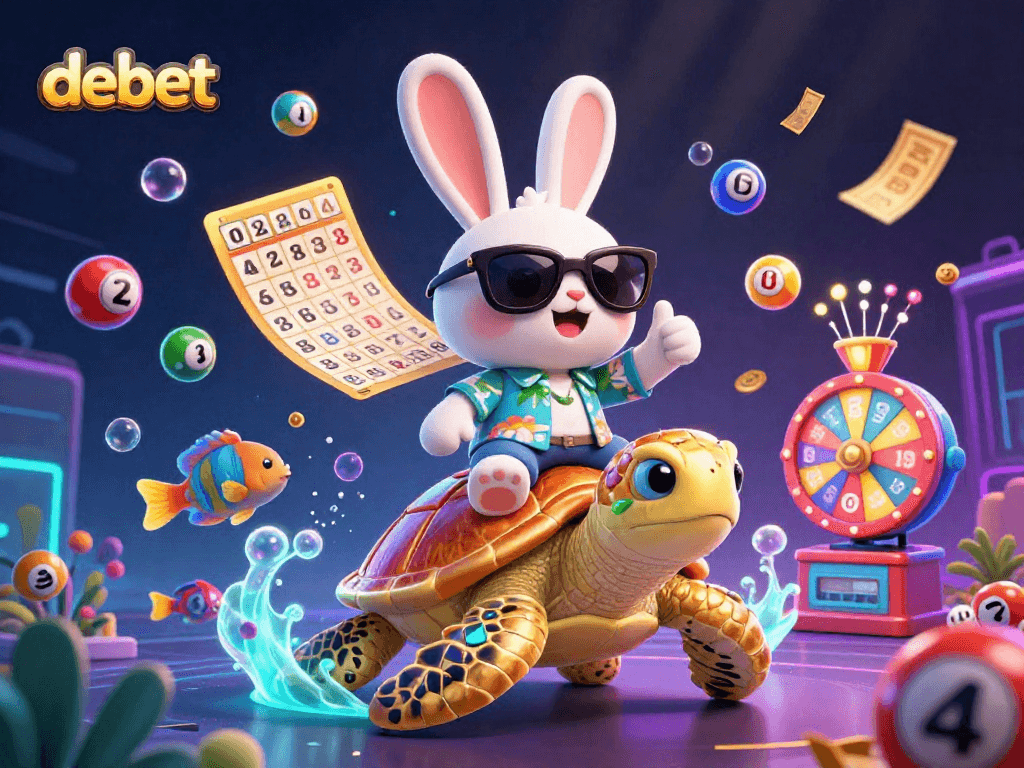Experience the thrill of debet lottery with a cartoon rabbit and turtle in a vibrant underwater world.