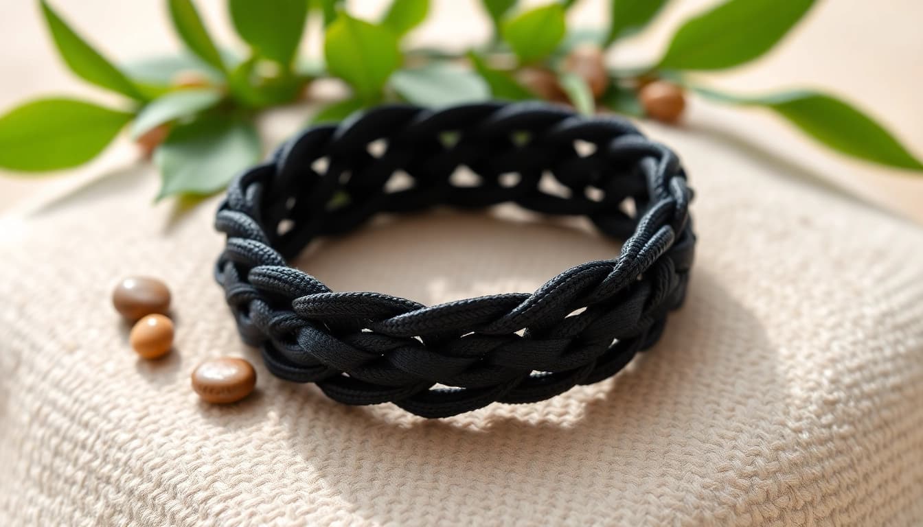 Stilvolles Armband aus schwarzem Stoff (Armband aus schwarzem Stoff), das komplexe Muster und Texturen zeigt.