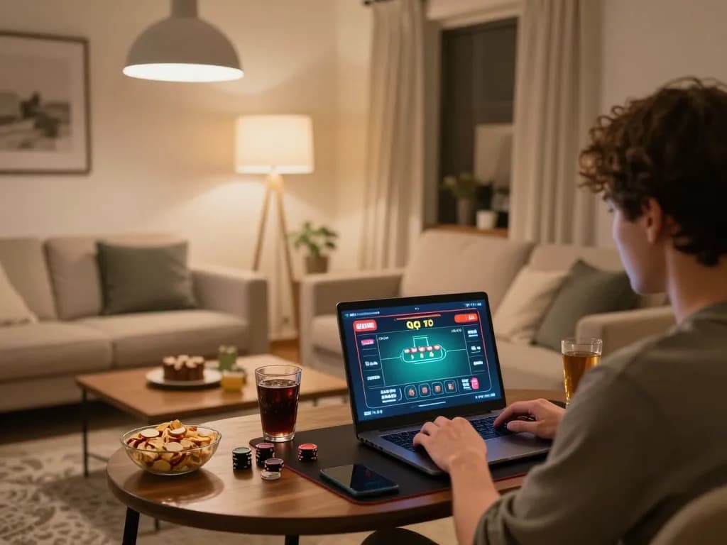 Engaged in online gambling at home with FLY88 platform, showcasing poker gameplay and strategic setup.