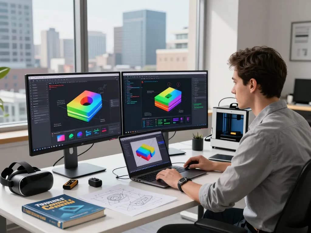 Engineer developing 3D product configurator software in a vibrant tech workspace.