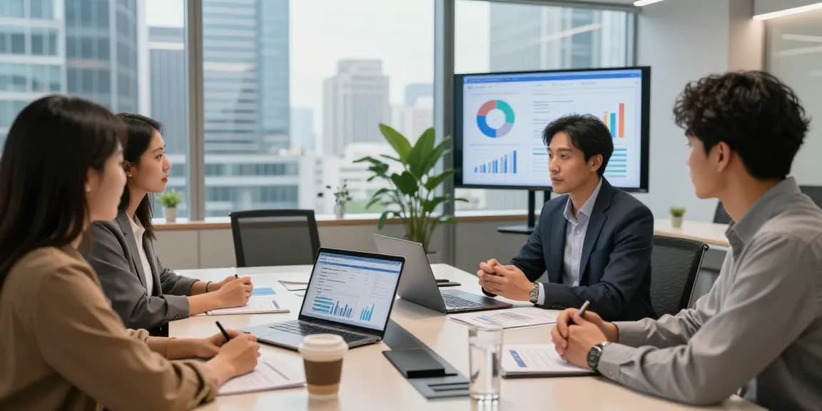 Discussion on international project funding in a modern office setting.