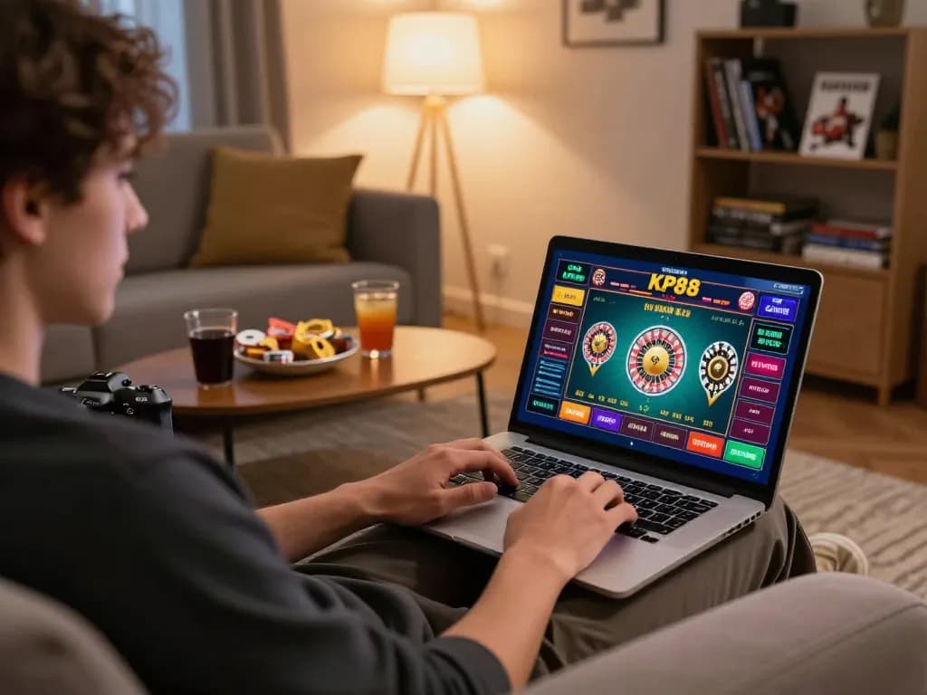 Player enjoying KP88 online casino gaming on a laptop in a cozy home setting.