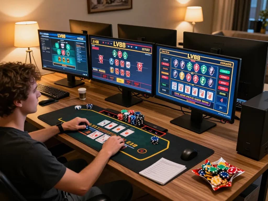 Engaging in online blackjack gameplay at LV88 with colorful cards and chips.