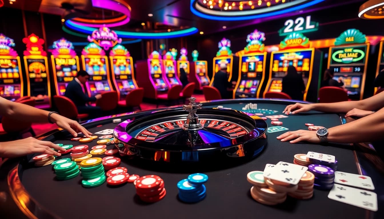 Players engage with thrilling casino games at 22JL, vibrant roulette table and poker chips in focus.