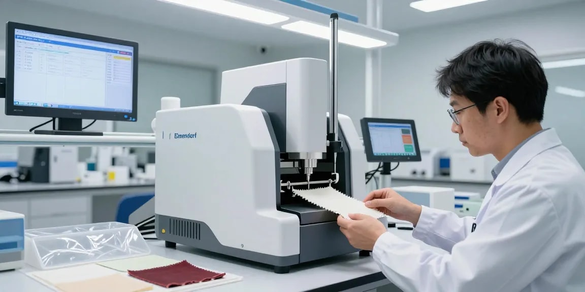 Technician using an Elmendorf tear tester in a modern lab to measure tear resistance of textiles and plastics.