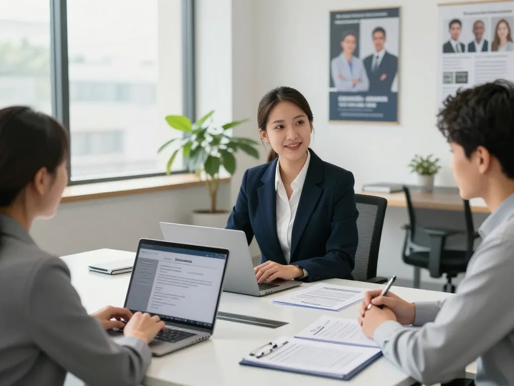 Engaging meeting at temp agencies connecting candidates with top employers in modern office.