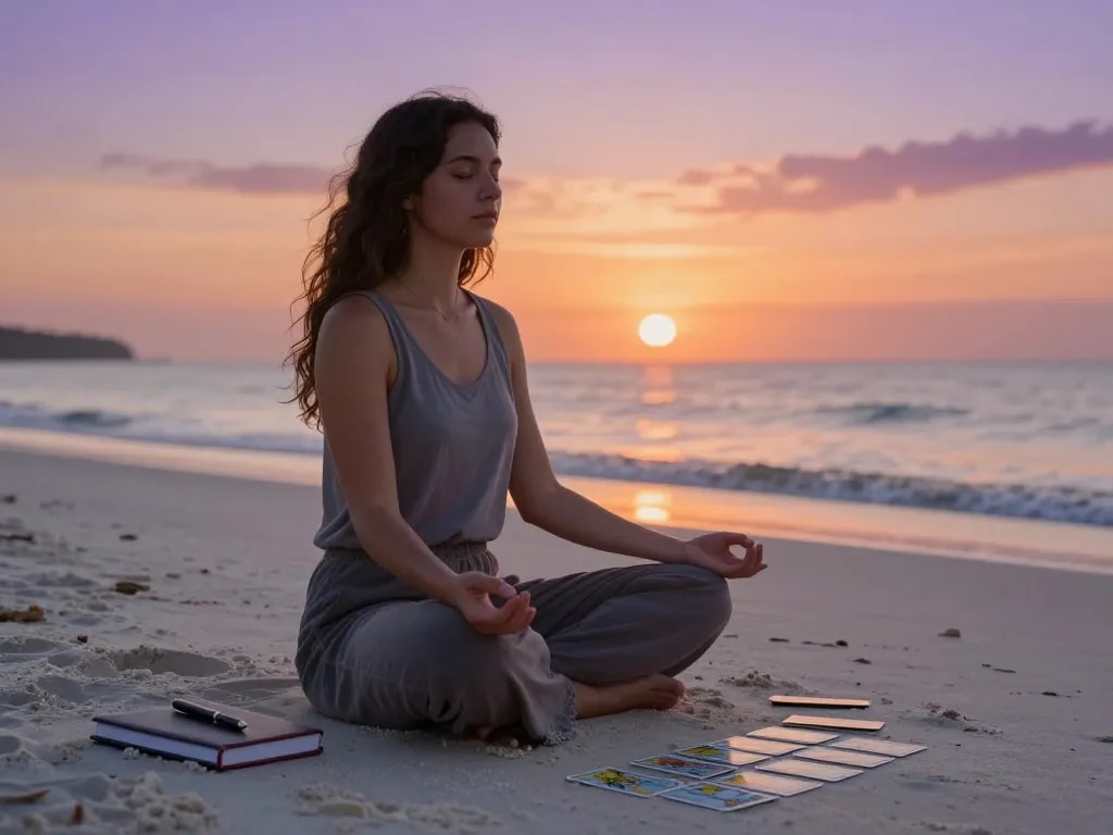 Woman meditating on a beach sunset, exploring why can’t I stop thinking about someone, with tarot cards and journal nearby.