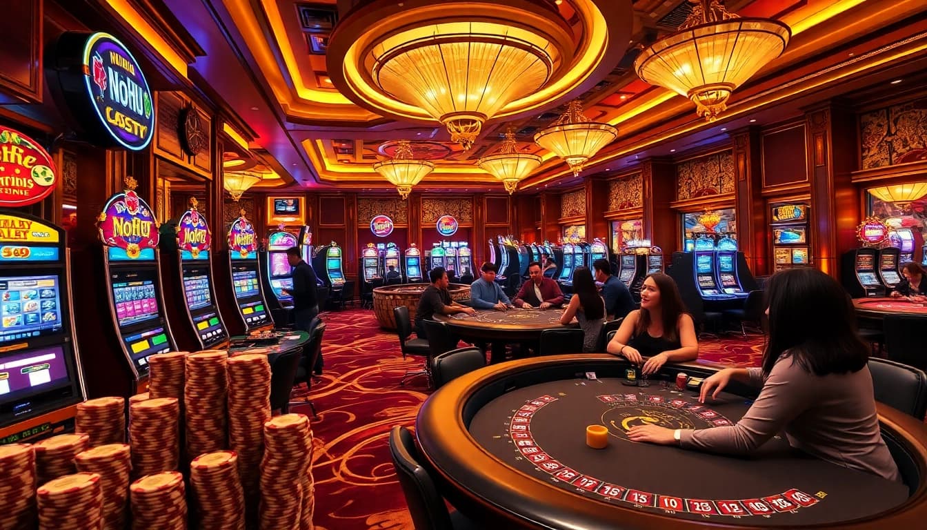 Nohu-themed casino scene showcasing lively gameplay at poker tables and slot machines.