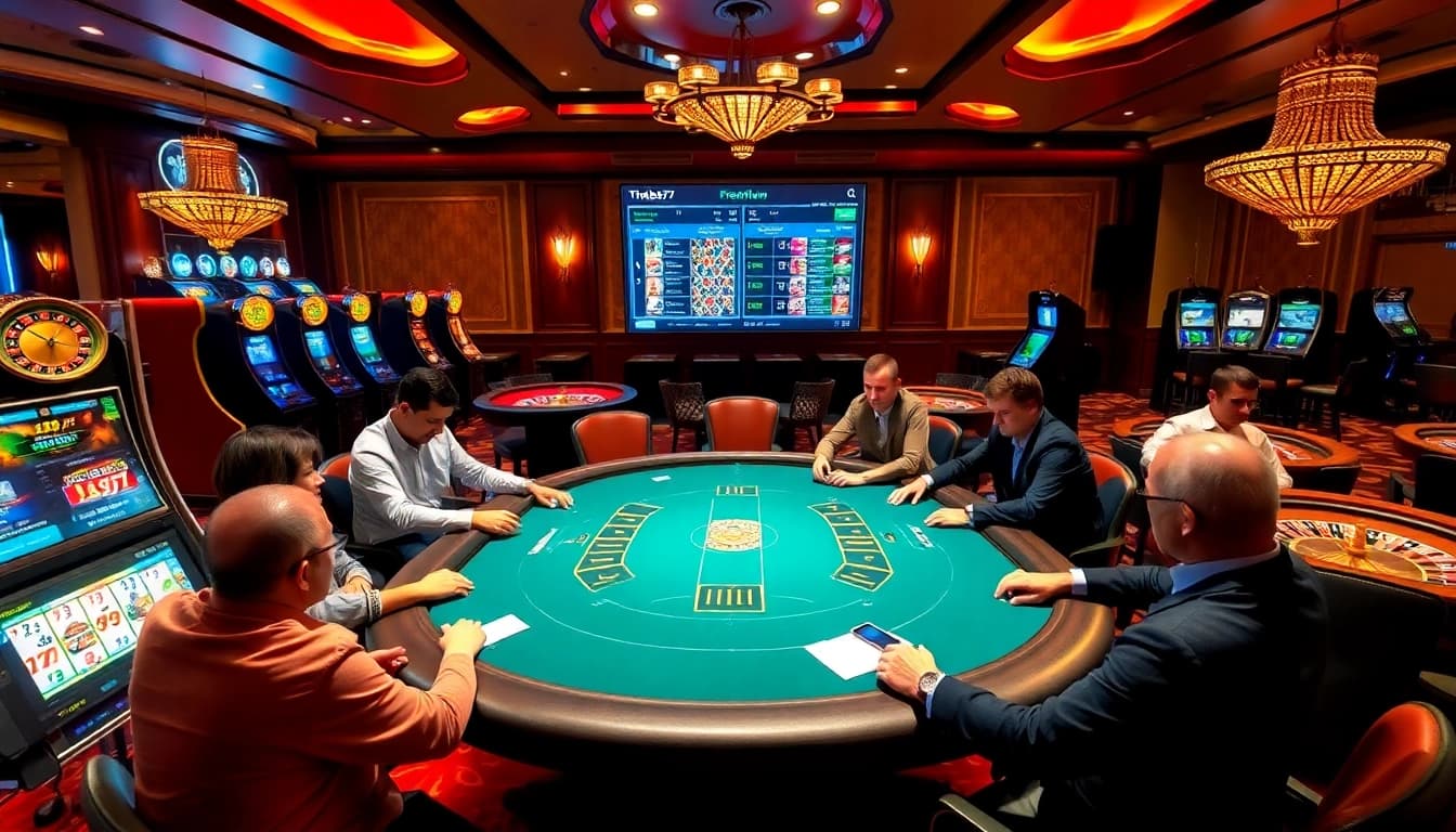 Experience intense poker at Thabet77 casino, surrounded by vibrant games and luxurious ambiance.
