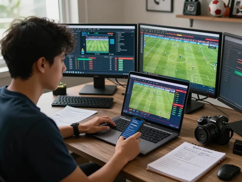 Online gambling scene featuring Judi Bola betting on a live football match with sports memorabilia.