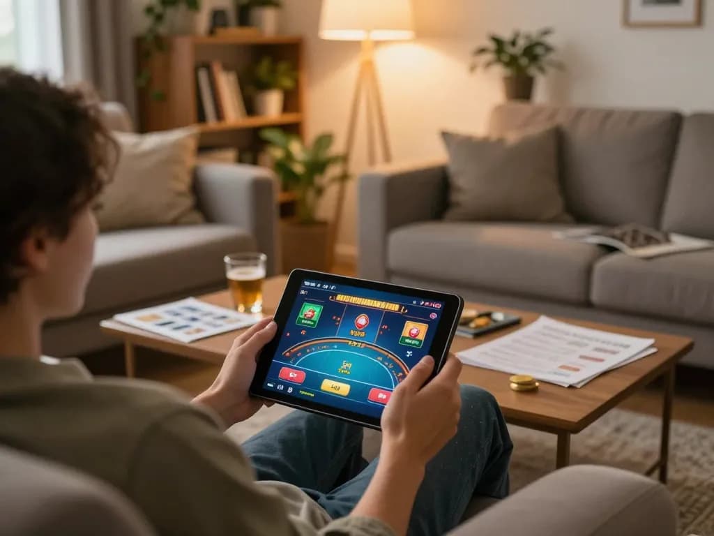 Player engaging in online poker on tablet in a cozy home setting, representing sc88vn's gaming experience.