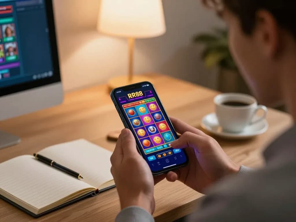 Player enjoying slot games on the RR88 mobile app in a cozy home office.
