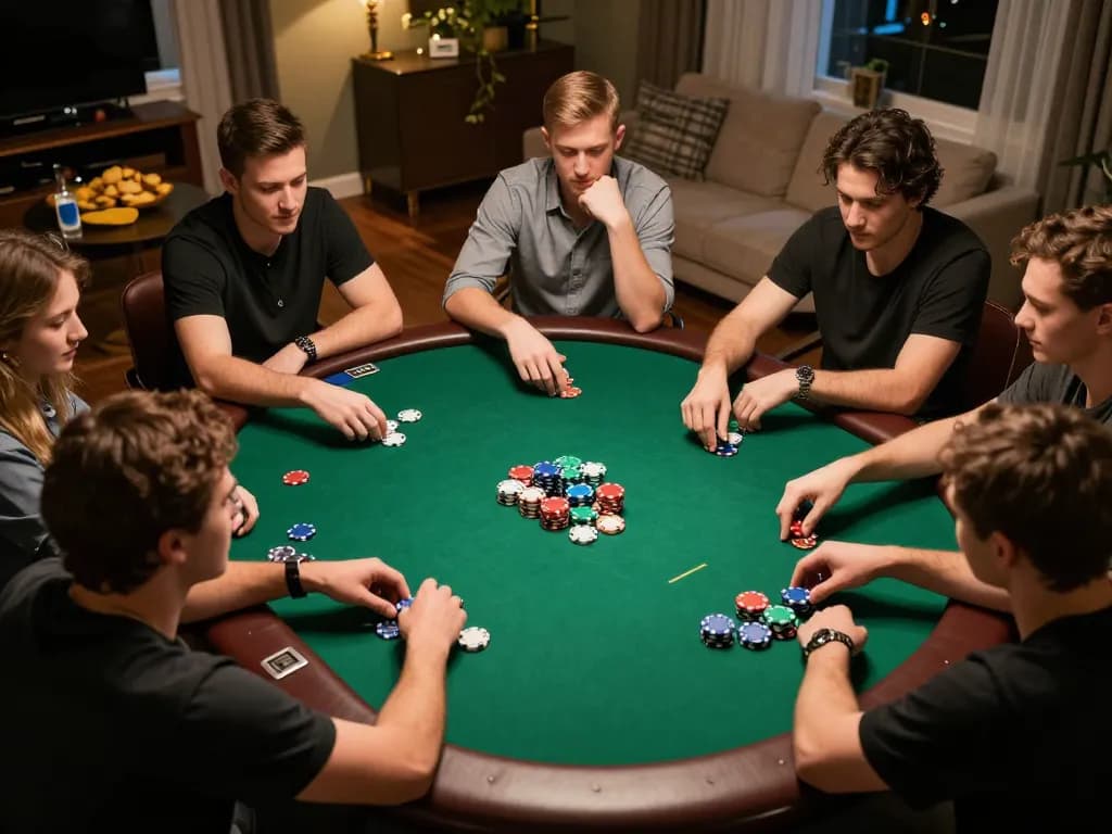 Go89 players enjoying an engaging poker game in a stylish home setting with vibrant chips and snacks.