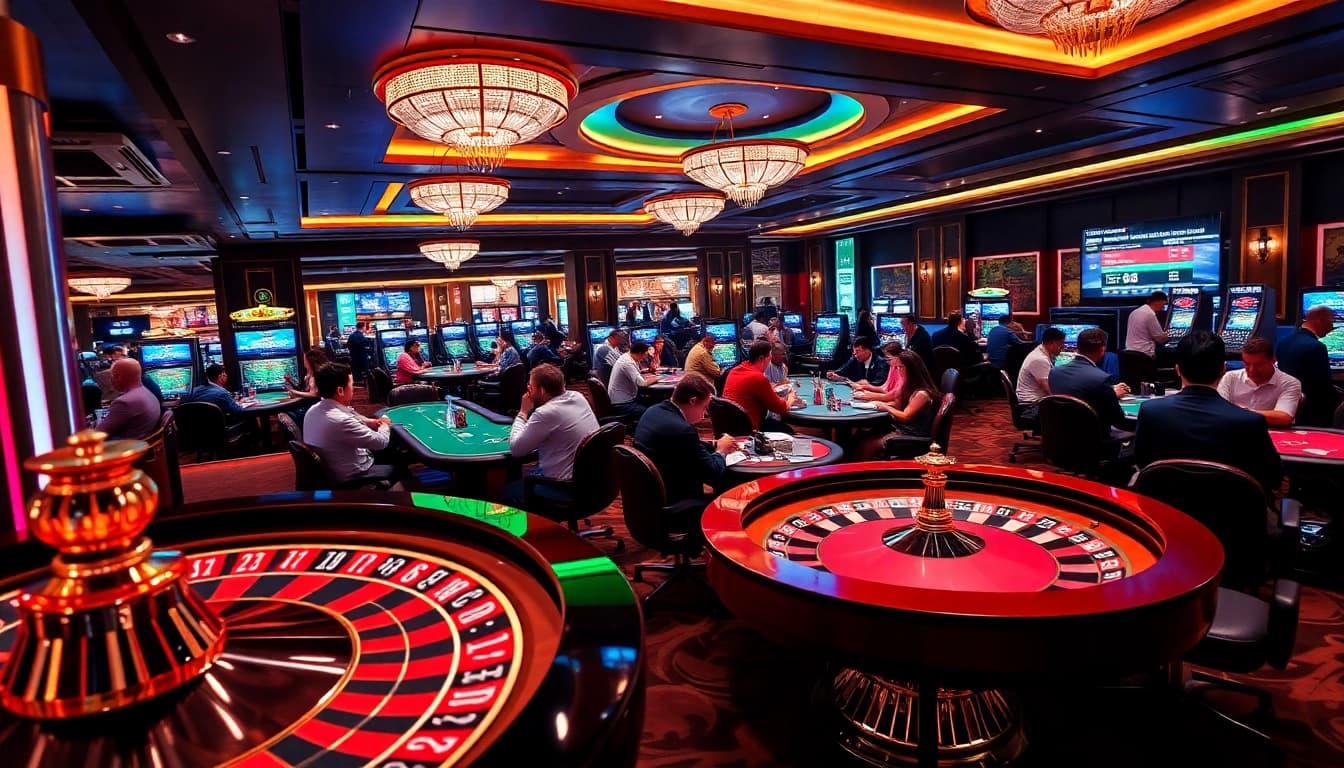 Engaging scene of gamblers at a casino focusing on kèo nhà cái 5 betting strategies.