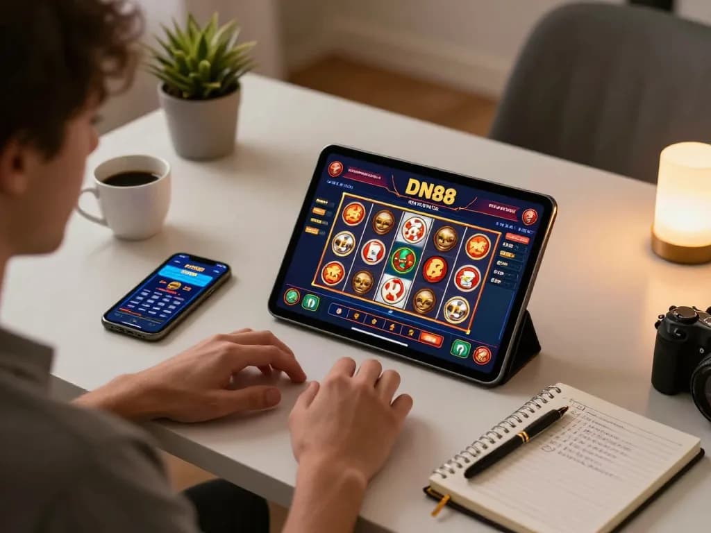 Player enjoying DN88 online gambling on a tablet, showcasing responsible gaming strategy.
