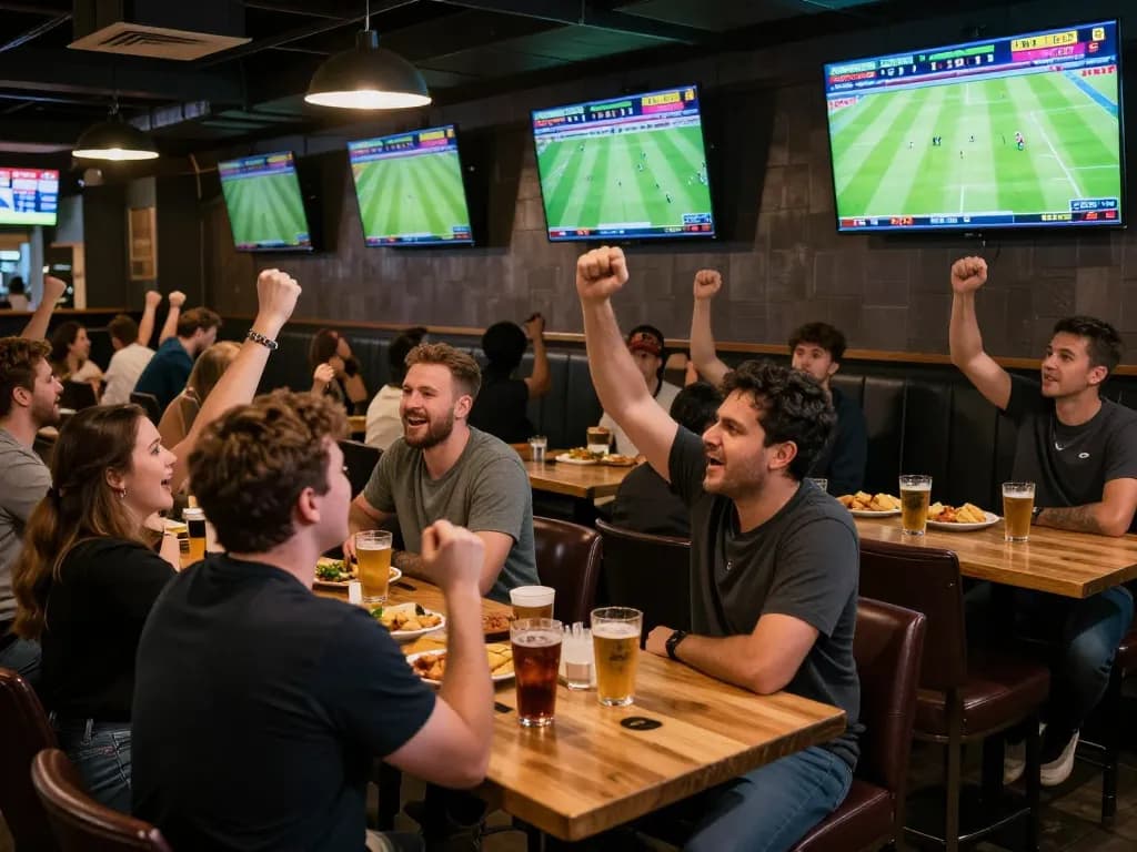 Sports enthusiasts analyzing odds and cheering during matches on soi keo bong da hom nay in a lively sports bar setting