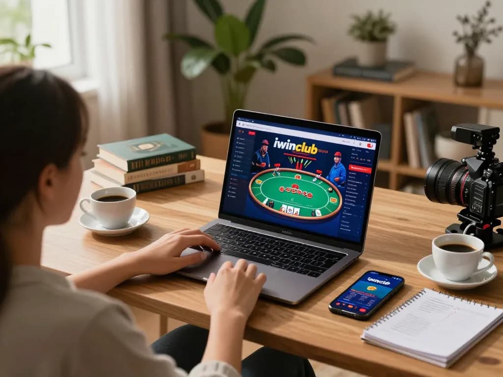 Engaging in online poker at home using iwinclub app on laptop and smartphone, warm cozy setting.