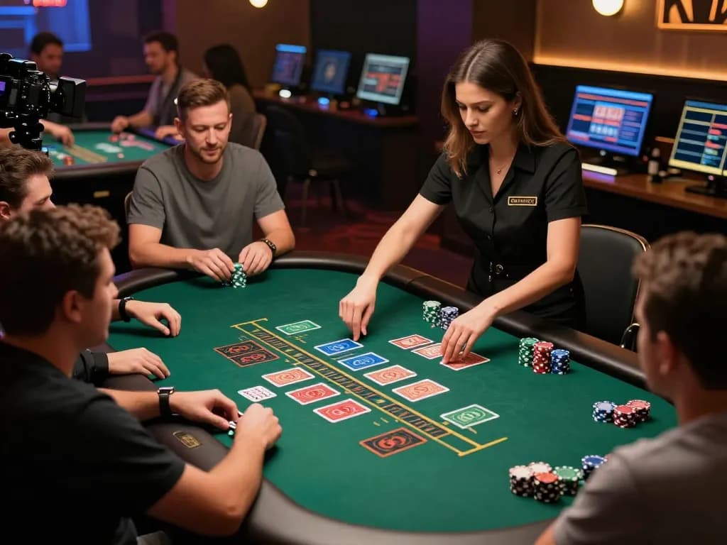 RR88 SELECT players enjoying a thrilling blackjack game with professional dealer in vibrant casino.