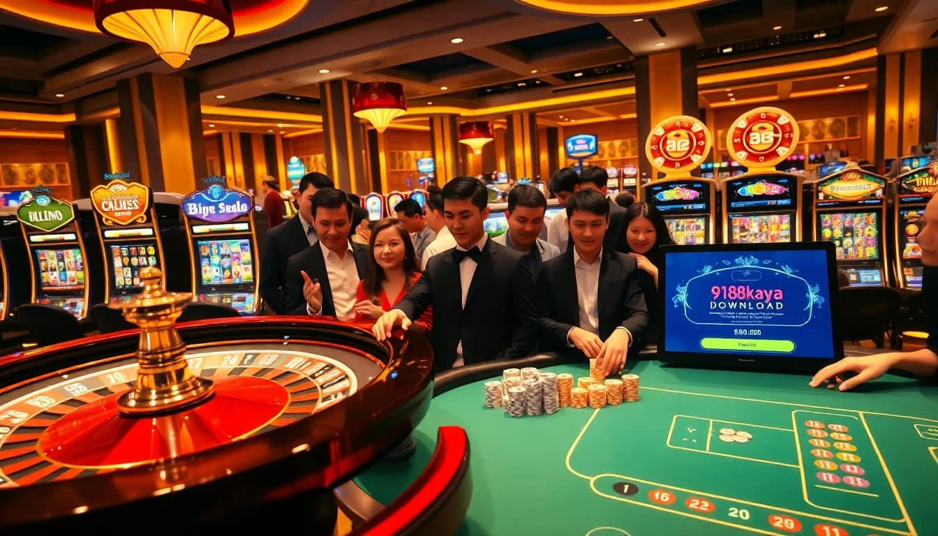 Experience the excitement of 918kaya Download at a luxurious casino with vibrant gaming tables.