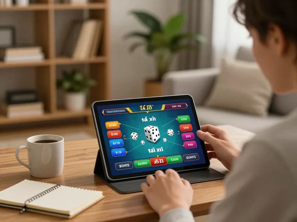 Playing tài xỉu online on a tablet at home with strategies and gaming ambiance.