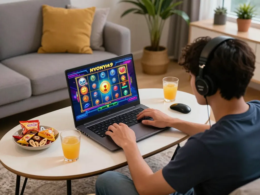 Nyonya9 player enjoying a thrilling slot game on their laptop in a cozy home setting.