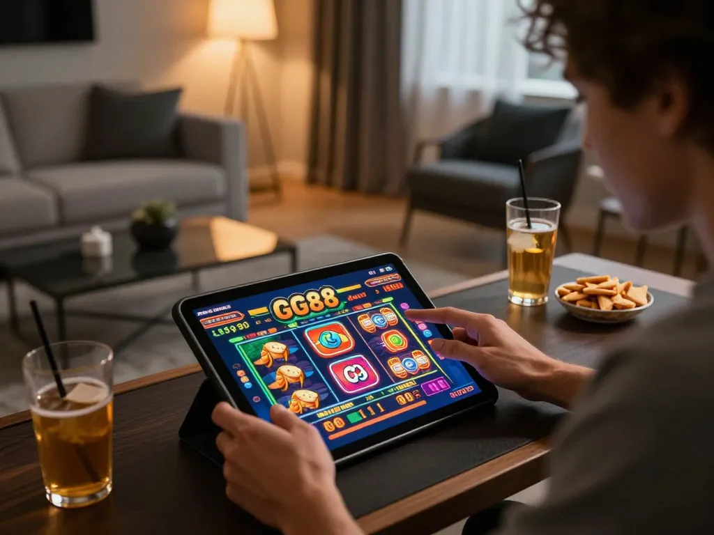 Player enjoying GG88 mobile casino games on tablet in cozy living room setting
