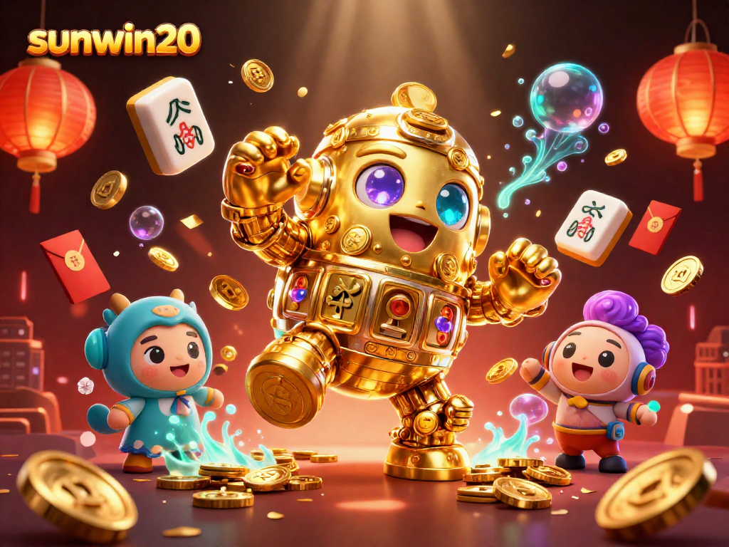 Engage in thrilling gameplay with sunwin20's dynamic golden golem surrounded by vibrant casino elements.