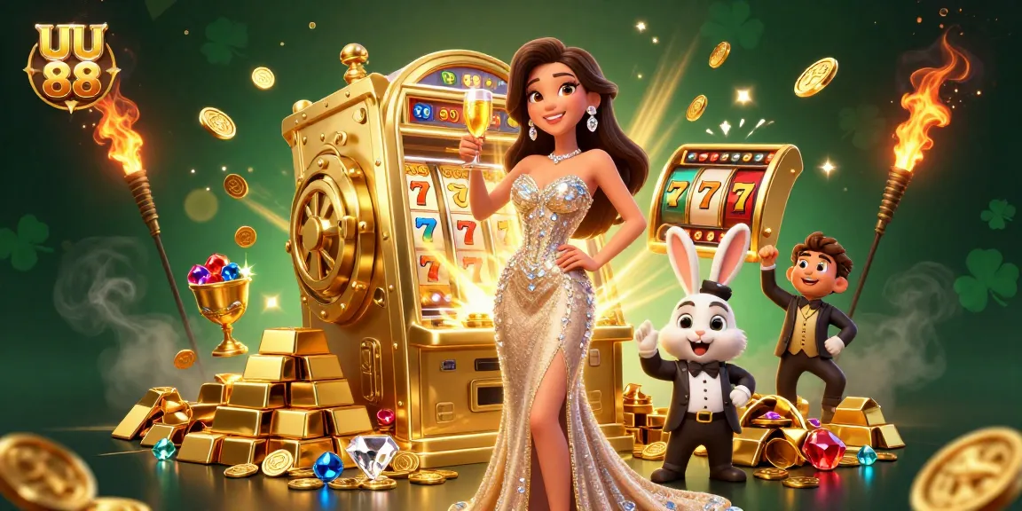 Experience the excitement of UU 88 as a glamorous woman toasts beside a jackpot slot machine.
