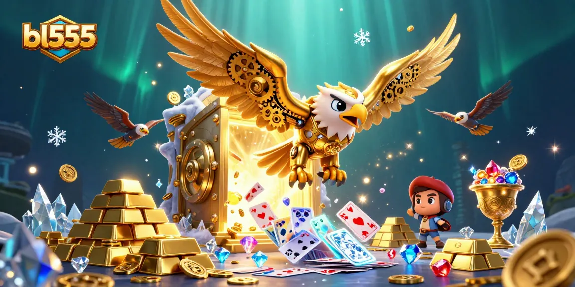 Experience thrilling gameplay at bl555 with a cybernetic eagle soaring through holographic cards and treasures.