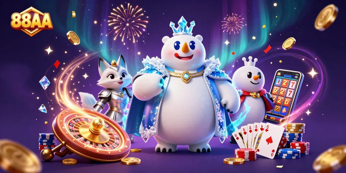 Experience the excitement of 88AA with a vibrant, dynamic 3D illustration showcasing casino elements and characters.