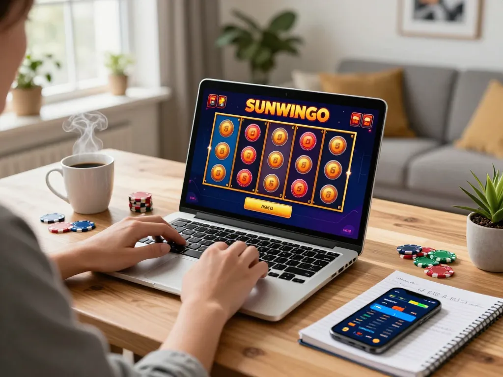 Playing sunwingo online casino slots on laptop at home, showcasing colorful game interface and personal gaming setup.