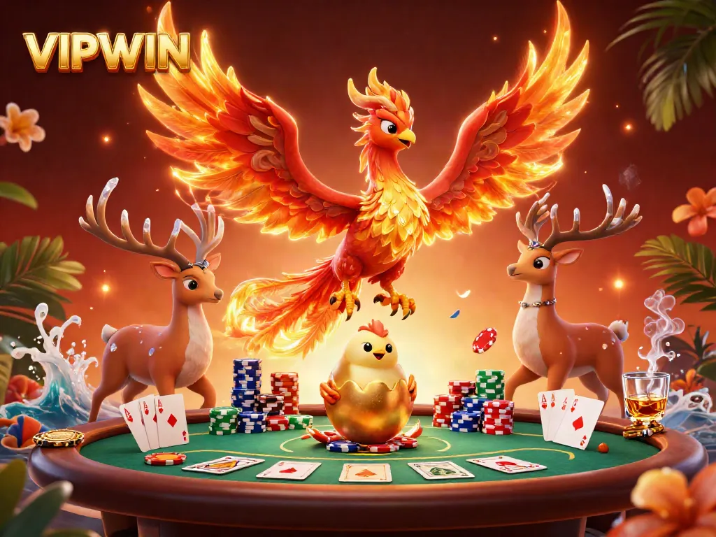 Experience thrilling poker action at VIPWIN with a phoenix and mystical stag in a vibrant casino scene.