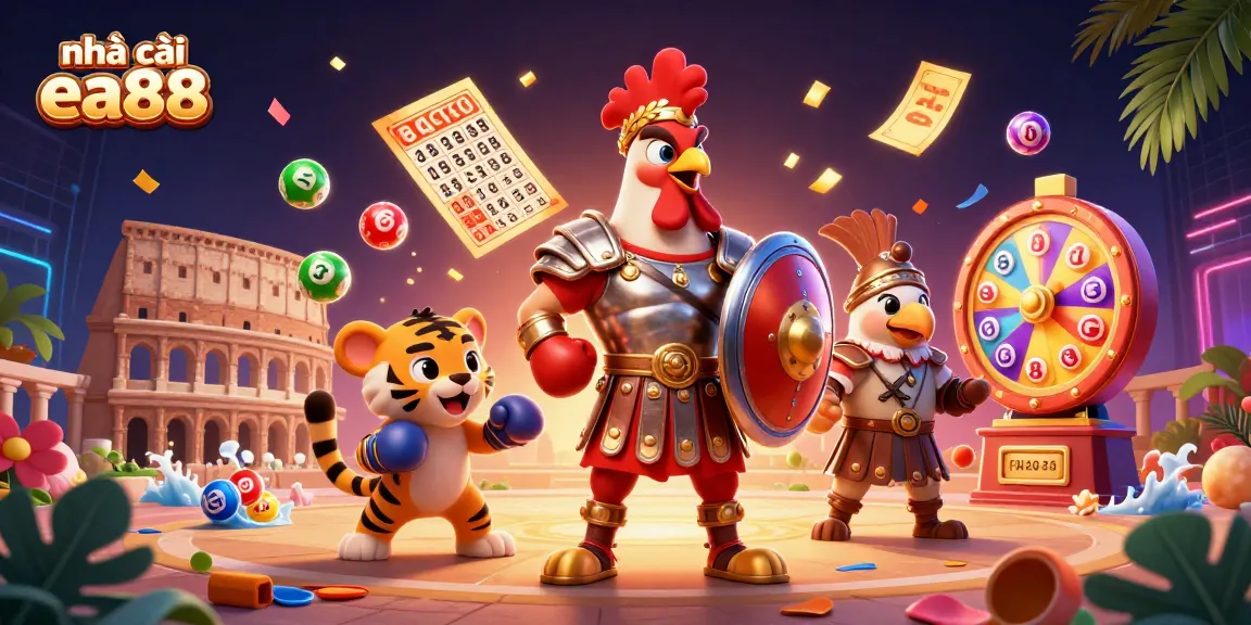 Engage with nhà cái ea88 through a vibrant 3D scene featuring a gladiator rooster, tiger cub, and eagle amidst dynamic game elements.